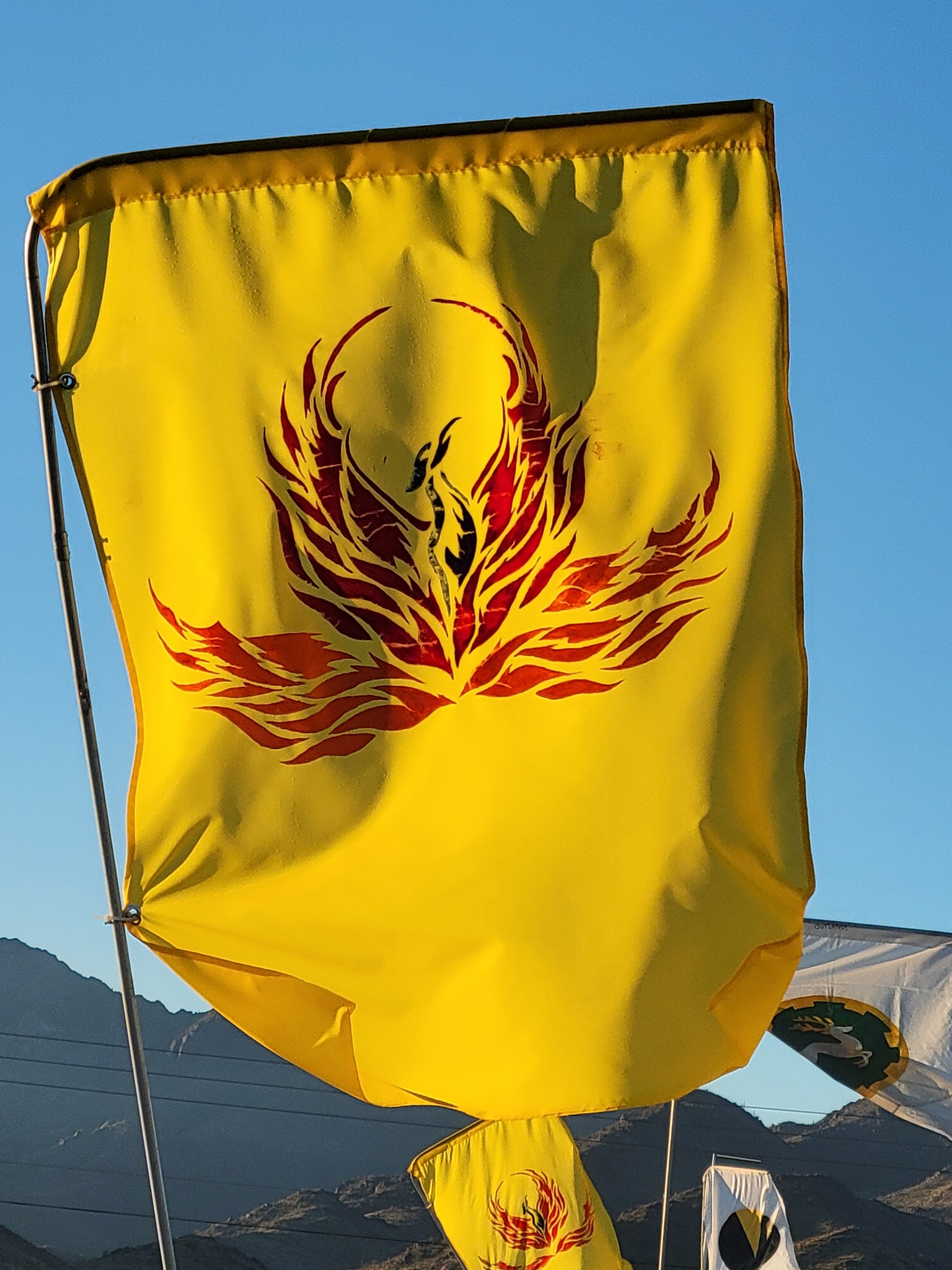 A yellow heraldic banner with a red phoenix rising from its ashes waving in the wind on the main road of the event. Other banners follow in the distance.